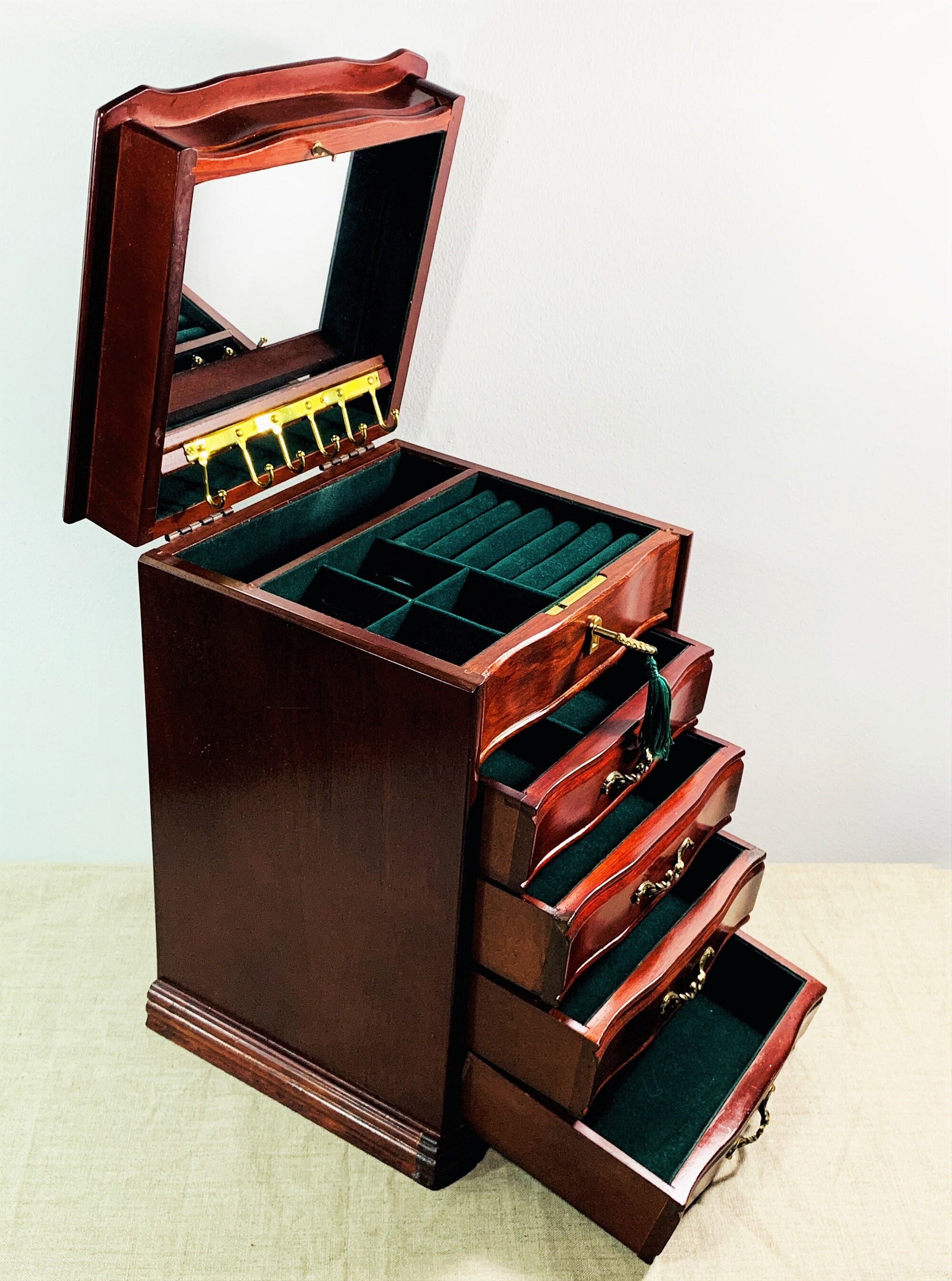 Vintage Large Jewelry Armoire, Hard Wood Red Mahogany, 15 T. 10 W. Key