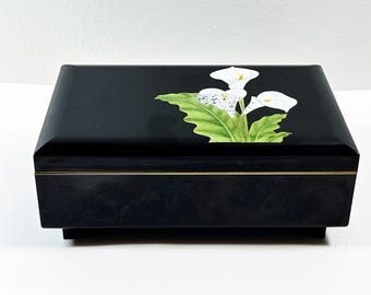 Vintage Calla Lily ©Otagiri Japan Music Jewelry Box, "Waltz of The Flowers" Black Lacquered Wood, Mirror, 8" W. 5" L.  Free US Shipping