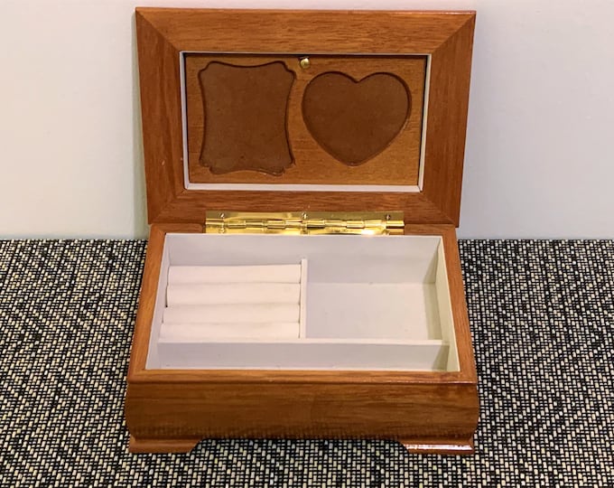 Vintage Solid Wood Jewelry Box, Formica Cherry Birch Laminate finish, Padded Compartments, Picture Frames, 8" W. 5.5" L. Free US Shipping