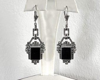 VTG Sterling Silver Black Onyx & Marcasite Dangle Earrings, Lever Back, Victorian Style, 2.25" long, 13.5 Grams, Polished. Free US Shipping