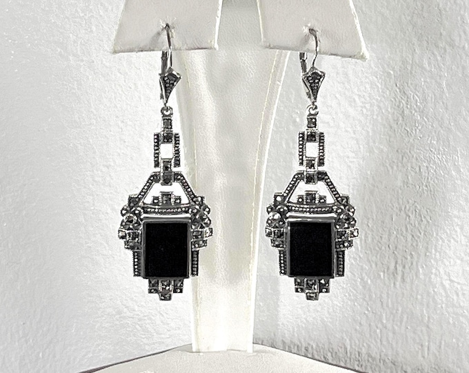 VTG Sterling Silver Black Onyx & Marcasite Dangle Earrings, Lever Back, Victorian Style, 2.25" long, 13.5 Grams, Polished. Free US Shipping