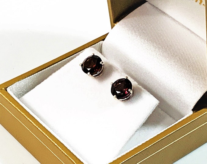 14K White Gold Raspberry Rhodolite Garnet Studs, 7mm - 3.61 Carats Top Grade Brilliant, Basket Prongs Setting, Heavy Backs. Free US Shipping