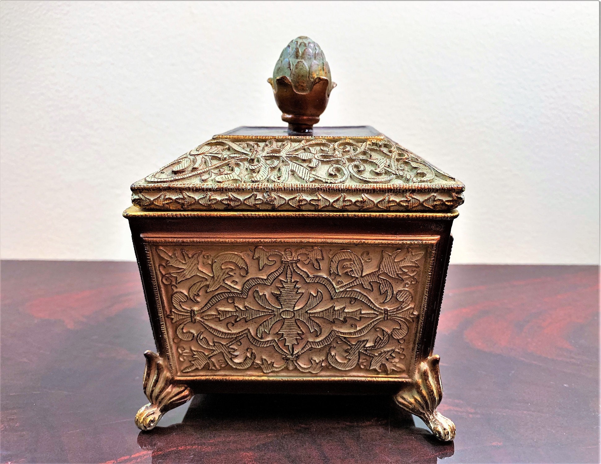 Vintage Trinket Jewelry Box, Nicely Crafted, Accented with Gold Leaf, 4 1/2 H, 4 W.