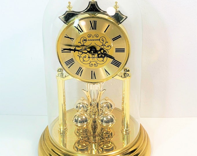 Vintage Junghans Germany Westminster Chime Anniversary Clock, Sphere Pendulum, Brass & Brass Finish, 9” H, 6" B. Serviced, Free US Shipping