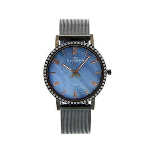 Skagen Blue Dial Swarovski Crystal Stainless Steel Unisex Watch, Titanium Finish Mesh Band, 32mm Case, 16mm Lugs, WR 3ATM. Free US Shipping