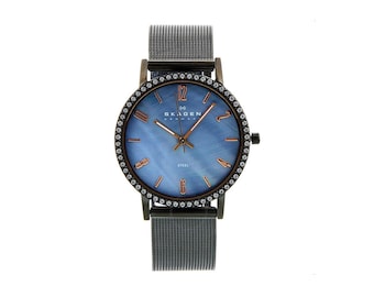 Skagen Blue Dial Swarovski Crystal Stainless Steel Unisex Watch, Titanium Finish Mesh Band, 32mm Case, 16mm Lugs, WR 3ATM. Free US Shipping
