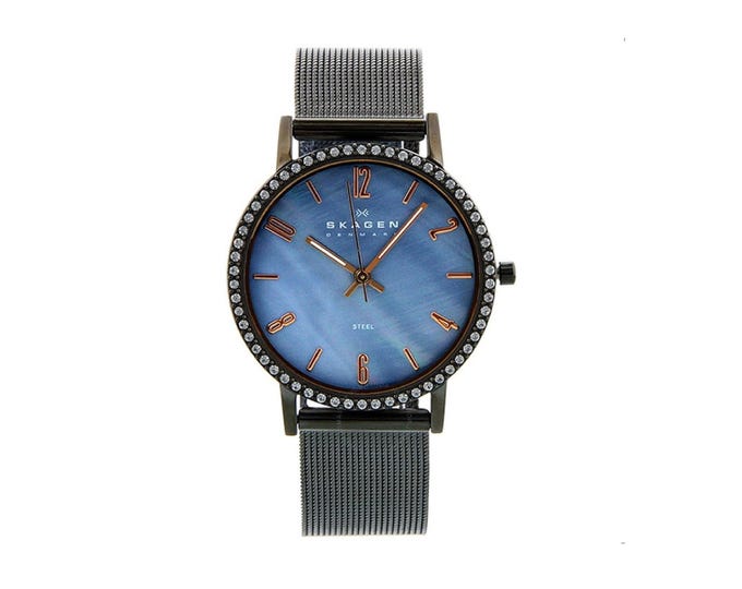 Skagen Blue Dial Swarovski Crystal Stainless Steel Unisex Watch, Titanium Finish Mesh Band, 32mm Case, 16mm Lugs, WR 3ATM. Free US Shipping