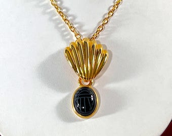 Vintage Gemstone Scarabs Drop Necklace, Bezeled Large Carved Black Onyx Scarab 18X13mm, 18K Gold Overlay, 30" Rolo Chain, Free US Shipping