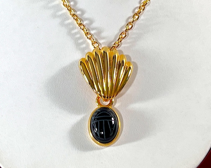 Vintage Gemstone Scarabs Drop Necklace, Bezeled Large Carved Black Onyx Scarab 18X13mm, 18K Gold Overlay, 30" Rolo Chain, Free US Shipping