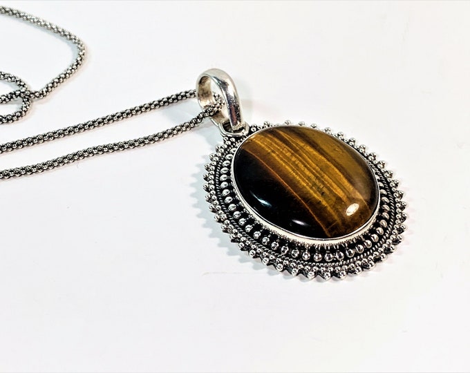 Sterling Silver Tiger's Eye Slide Necklace, Natural Cabochon 30X25mm, Beaded Triple Bezel, Slide 2" L. 1.5" W. 20" Chain. Free US Shipping