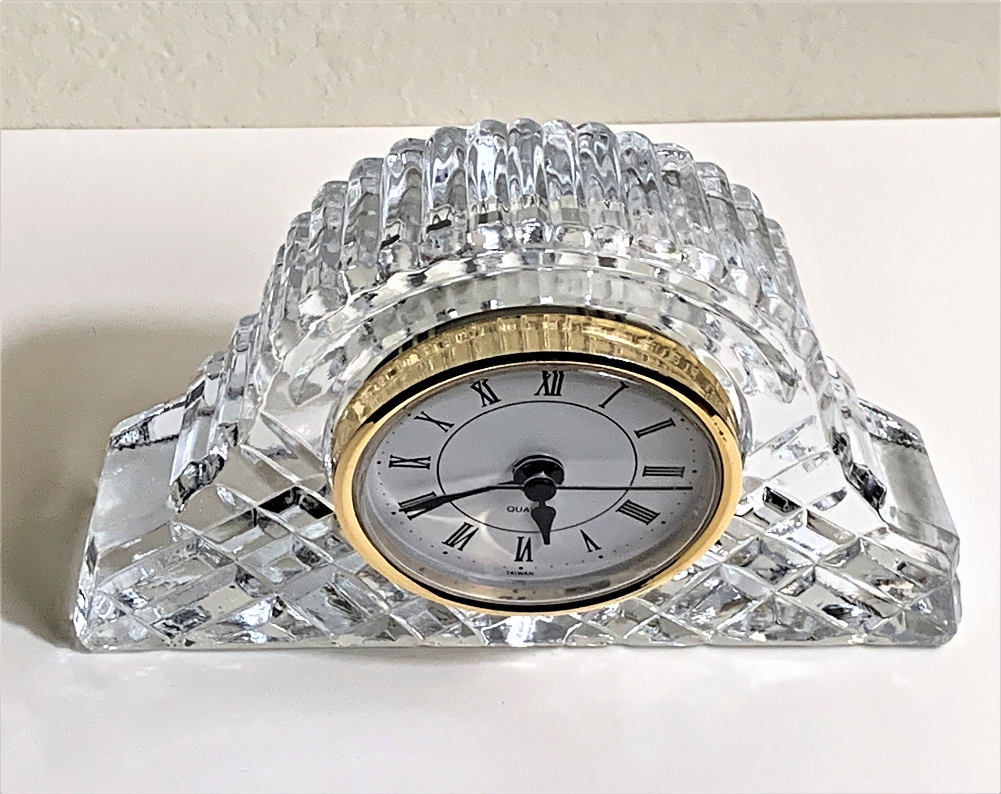 Vintage 24 Lead Crystal Mantle Clock, Hand Cut Deep Fine Crystal Block