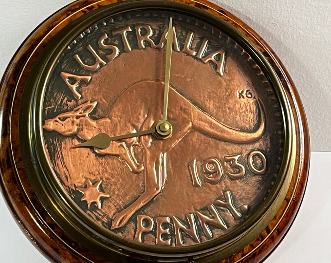 Vintage Australia 1930 Kangaro Penny Wall Clock, Brass, Copper & Burled Hardwood, Domed Glass Lens, 8" W. 3" D. Restored. Free US shipping.