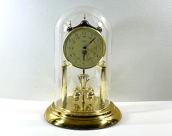 Vintage Loricron® West Germany Quartz 85 Anniversary Clock, Solid Brass, Glass Dome, Floral Dial, 11” T, 8" Base, Serviced, Free US Shipping