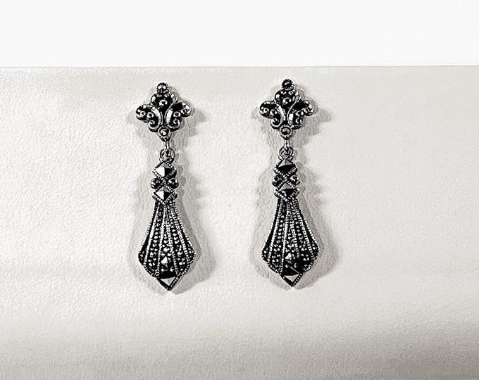 Vintage Sterling Silver & Marcasite Dangle Earrings, 1.5" L. 11mm Wide, Posts. 4.80 Grams. Mint Condition. Free US Shipping.