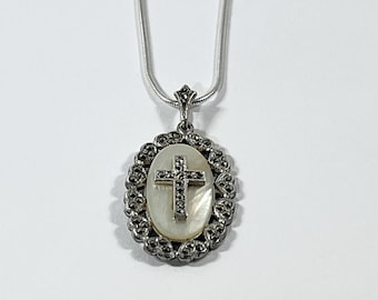 Vintage 1950's Sterling Silver Mother of Pearl & Marcasite Cross Necklace, 18" Snake Chain, 1.5" L Pendant. 11.40 Grams. Free US Shipping.