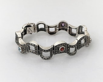Vintage Judith Jack Marcasite and Multi Gemstone Bracelet, 5 Round Genuine Gems, 7" Long, 15 mm Wide, 33.40 Grams, Refinished.