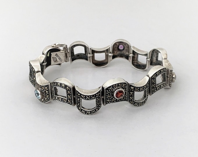 Vintage Judith Jack Marcasite and Multi Gemstone Bracelet, 5 Round Genuine Gems, 7" Long, 15 mm Wide, 33.40 Grams, Refinished.