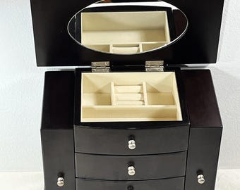 Vintage Carved Wood Jewelry Armoire, Espresso, 2 Side Boxed Doors W/ Hangers, Lid W/Mirror, 3 Drawers. 10.5" W. 9.5" T. Free US Shipping