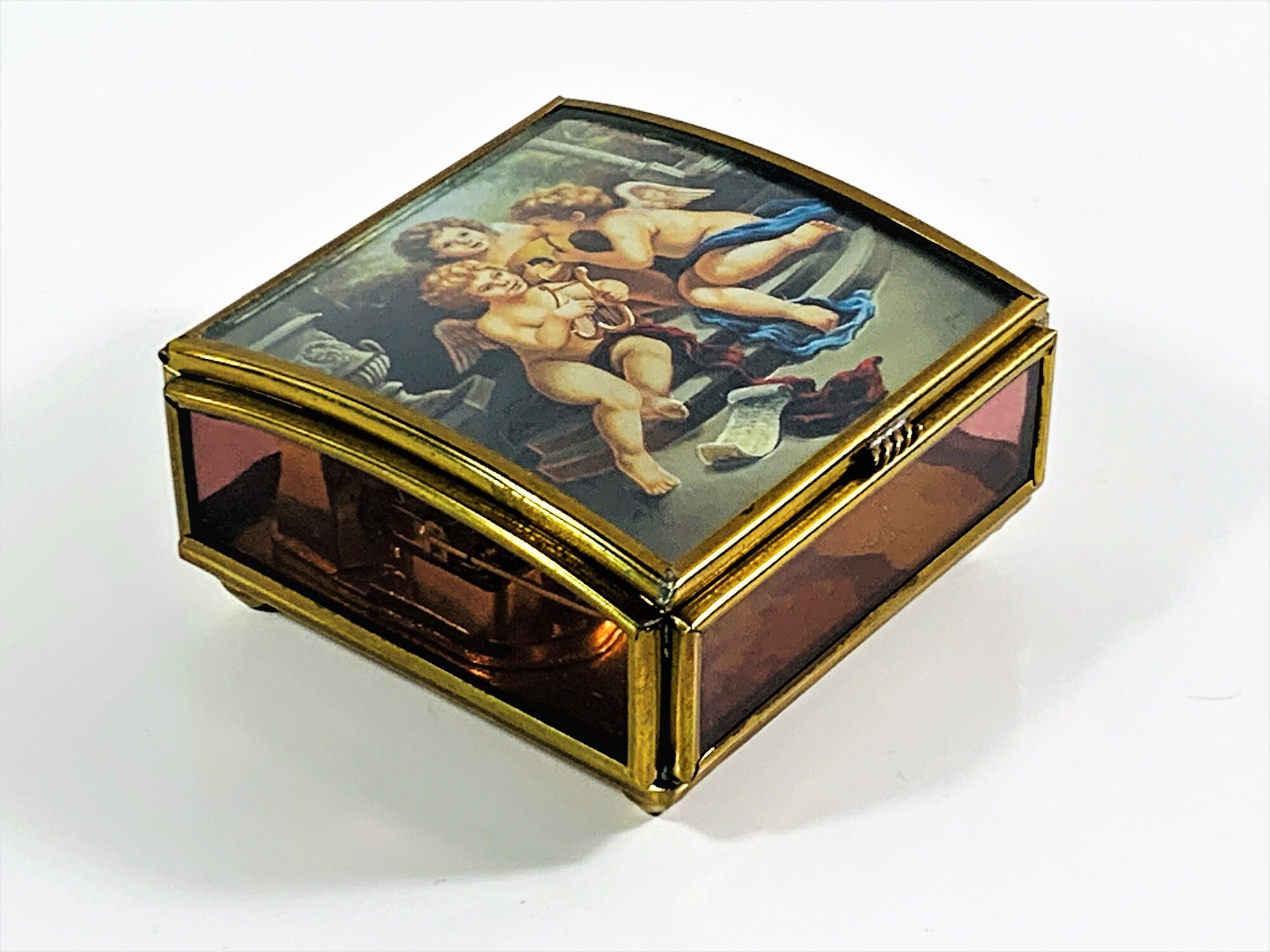 Vintage Sankyo Japan Music Box, Glass & Brass, Hologram Musical Cherubs