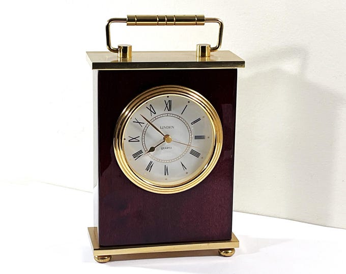 Vintage Linden™ Brass & Mahogany Gloss Carriage Mantel Clock, Precision Quartz, 8.5" T. 5" W. Serviced. Works Perfect. Free US Shipping.
