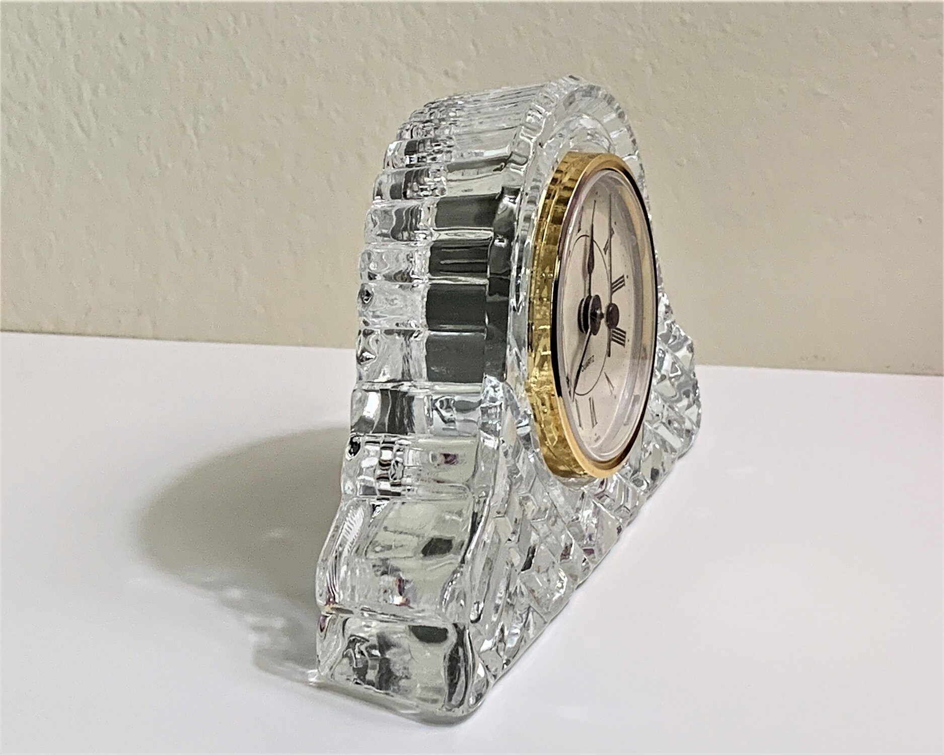 Vintage 24 Lead Crystal Mantle Clock, Hand Cut Deep Fine Crystal Block