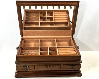 Vintage 1960's Large Jewelry Chest, Side Handles, 13" W. 8.5" L. 6" T. Boxed Lid W/Large Mirror & Hangers, Drawer, Restored.Free US Shipping