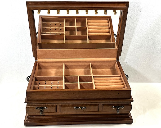 Vintage 1960's Large Jewelry Chest, Side Handles, 13" W. 8.5" L. 6" T. Boxed Lid W/Large Mirror & Hangers, Drawer, Restored.Free US Shipping