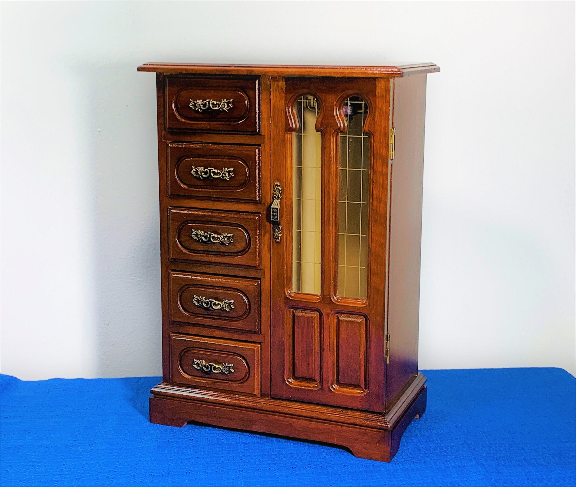 Vintage Solid Wood Jewelry Armoire, Ornate Carved Door W/Rings Tray, 5