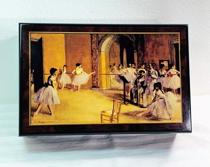 Vintage Ballet Music Box, 'Dance Class at the Opera' Edgar Degas Art, Varnished Glazed Piano Finish. 9" W. 6" L. Restored, Free US Shipping