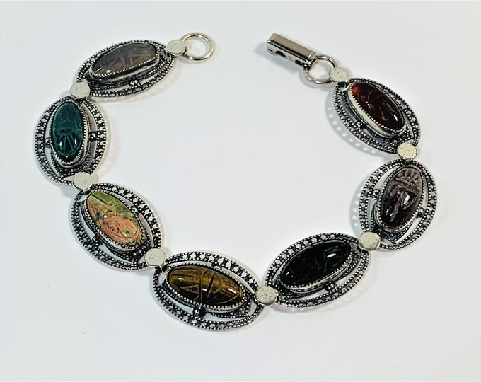 Vintage Beau Sterling Egyptian Revival  Gemstones 7 Scarab Link Bracelet. Tiger's Eye, Amethyst, Jasper, Carnelian. 14.3g. Free US Shipping.