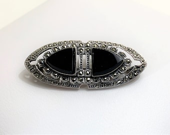 Vintage Sterling Black Onyx and Marcasite Brooch, 1 3/4" - 45mm Wide, Classic Beauty