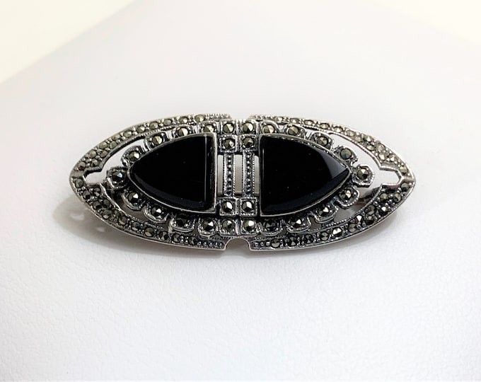 Vintage Sterling Black Onyx and Marcasite Brooch, 1 3/4" - 45mm Wide, Classic Beauty
