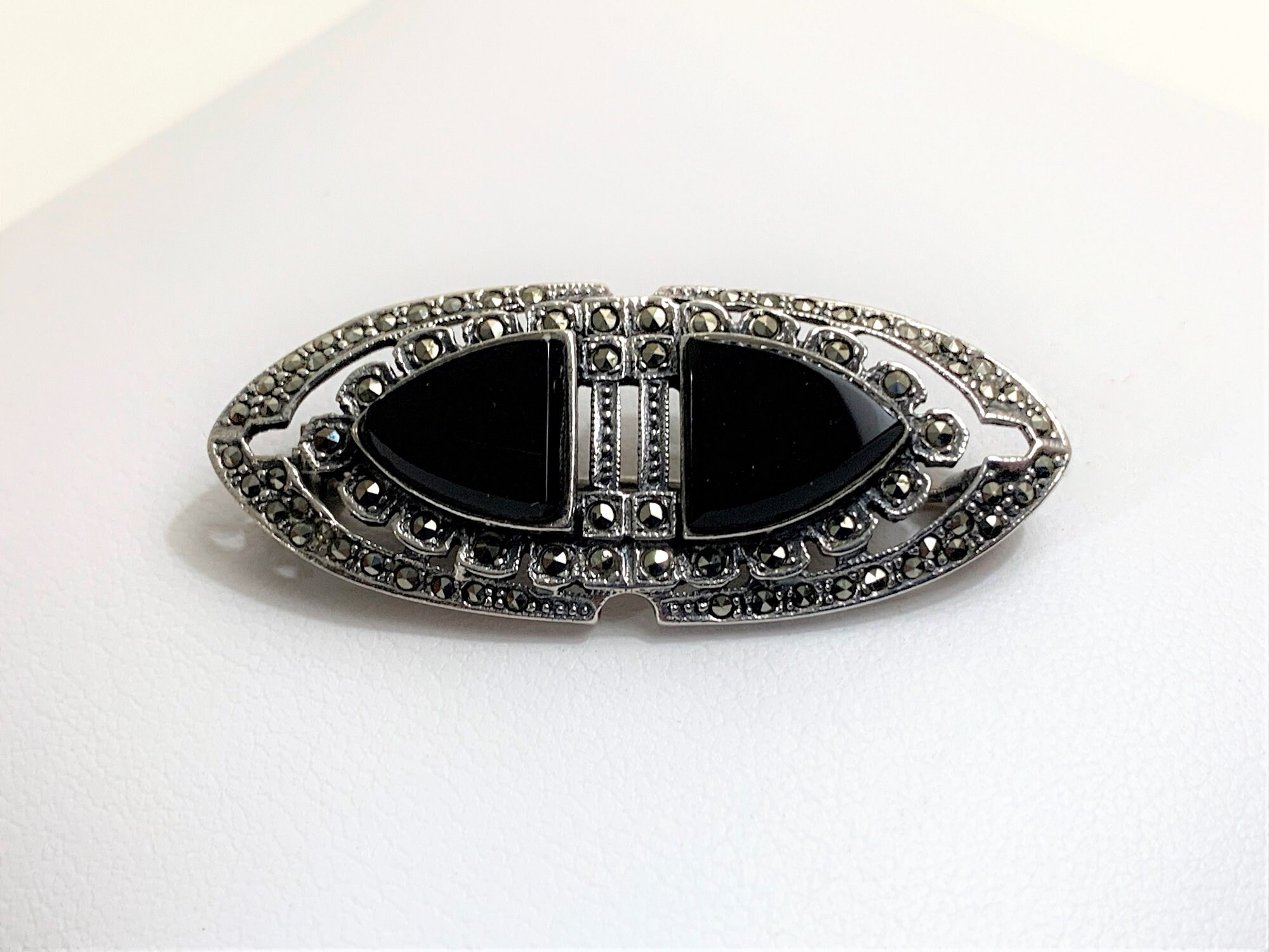 Vintage Onyx Silver Brooch-silver Black Onyx Brooch-black