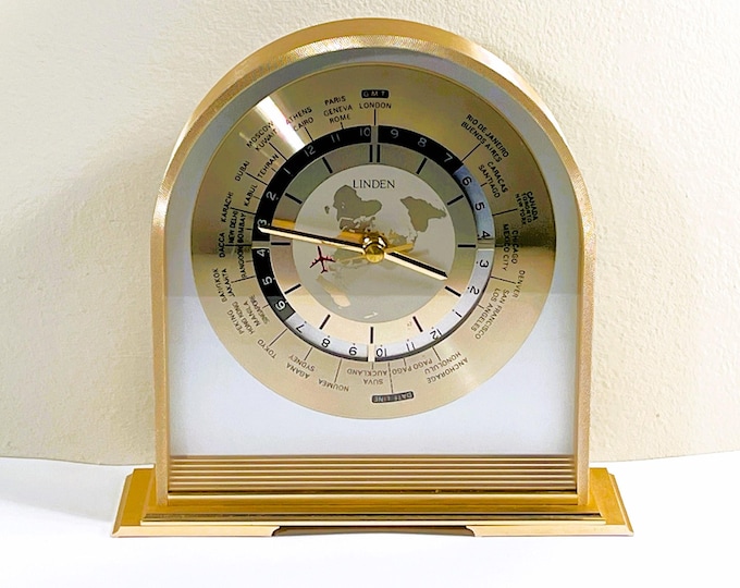Vintage Linden® World Time Clock, Brass & Brass Finish, Takane Japan Quartz, 8.5" T. 8.5" W. Serviced. Works Perfect. Free US Shipping