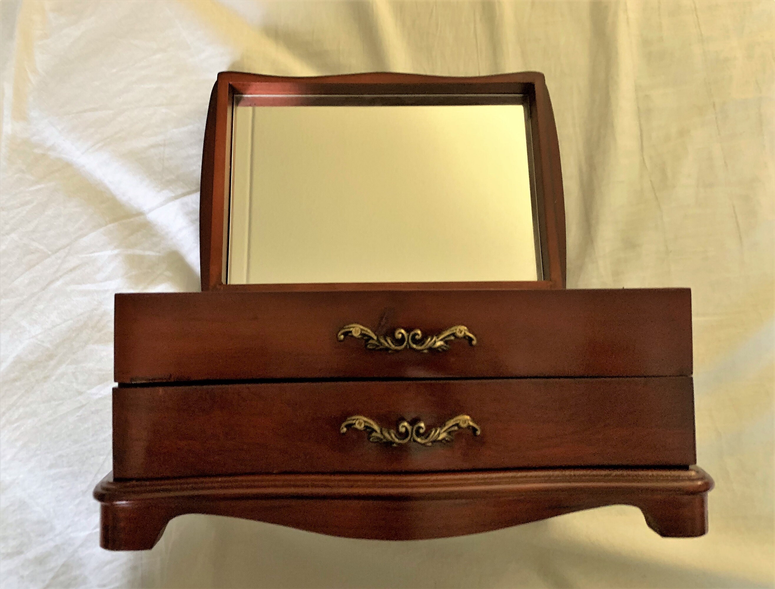 Vintage Fine Wood Jewelry Box Storage Large Mirror Padded