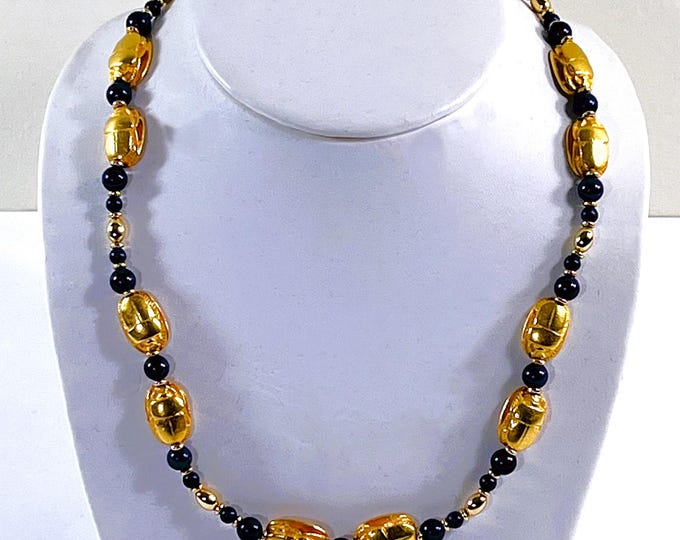 Vintage Egyptian Scarabs necklace, 24K gold overlay & blue Lapis Beads, 10 Scarabs 14X10mm, 18" Long, Lobster Claw Clasp. Free US Shipping.
