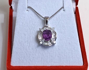 Sterling Silver Natural Purple Amethyst Gemstone Necklace, Oval 2.01 Carats, Round & Baguettes CZ, 1" Pendant, 16" Chain. Free US Shipping.