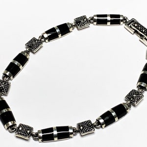 Vintage Sterling Silver Marcasite Black Onyx Bracelet, Elegant Fine Bracelet, Fold Box Clasp, 7&quot; L. Excellent Condition. Free US Shipping.