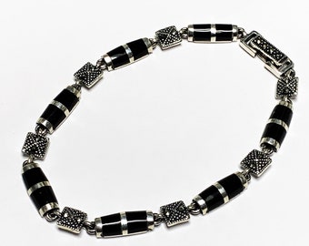 Vintage Sterling Silver Marcasite Black Onyx Bracelet, Elegant Fine Bracelet, Fold Box Clasp, 7" L. Excellent Condition. Free US Shipping.
