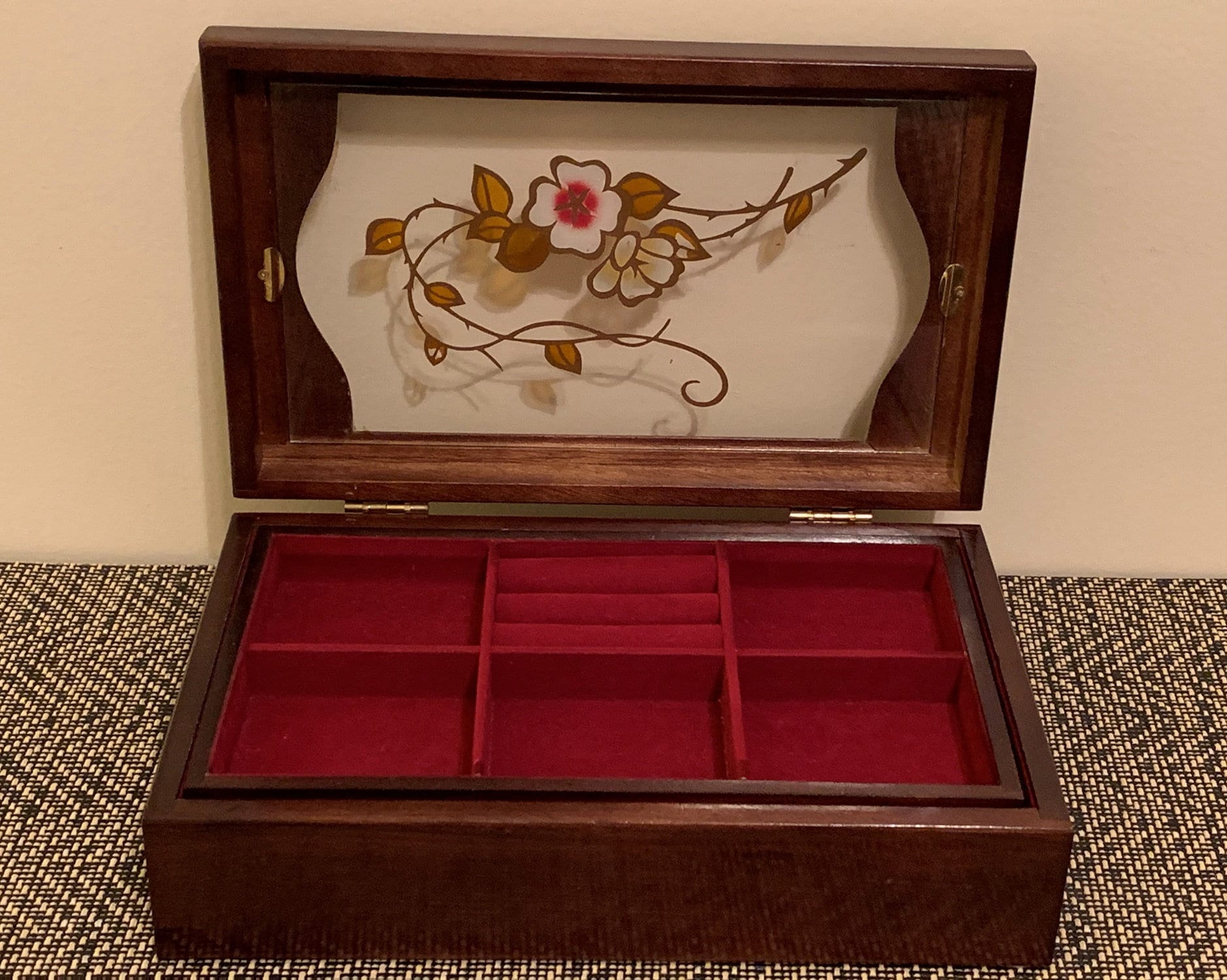 Vintage Solid Wood Jewelry Box Storage, Stained Glass Top, Removable