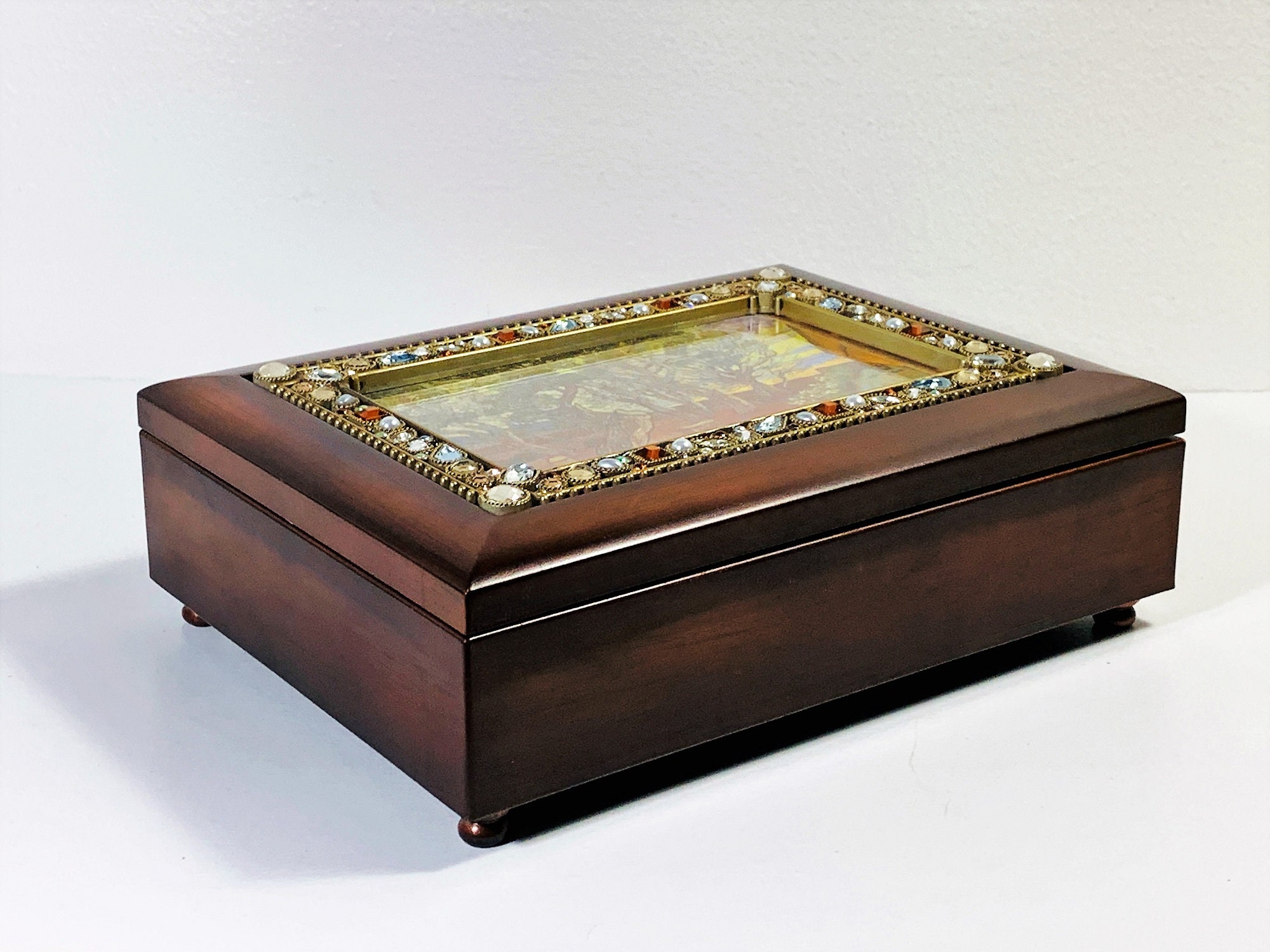 Vintage Sankyo Japan Music Jewelry Memory Box, Cottage Garden, Mahogany