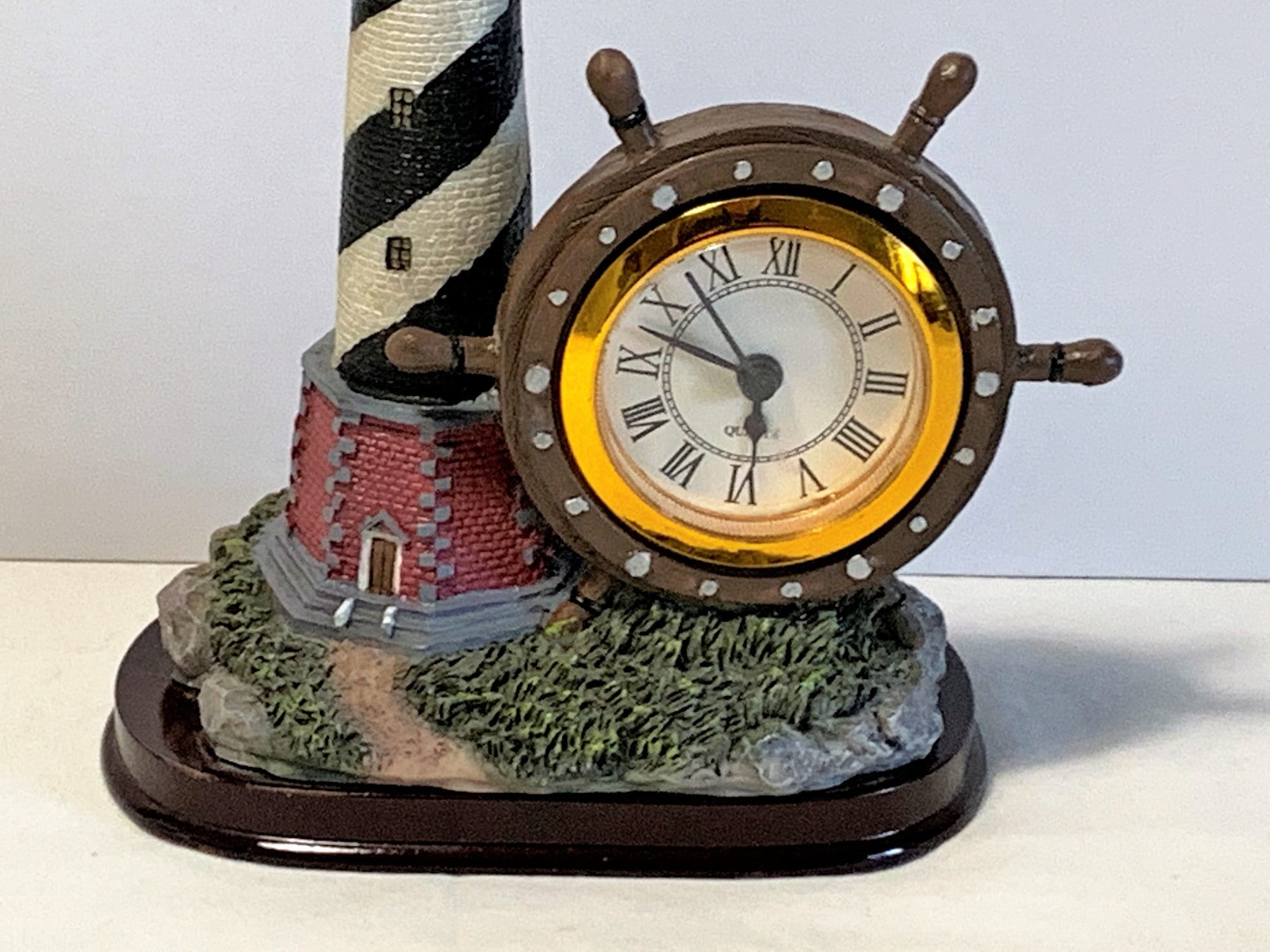 Vintage Nautical Figurative Lighthouse Ship Wheel Mantle Clock, Hand