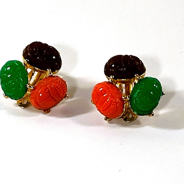 Vintage Tara® Egyptian Scarabs Earrings, Gold Clad (Plated), Clip On, Six 14X10mm Different Color Scarabs, Refinished. Good As Mint.