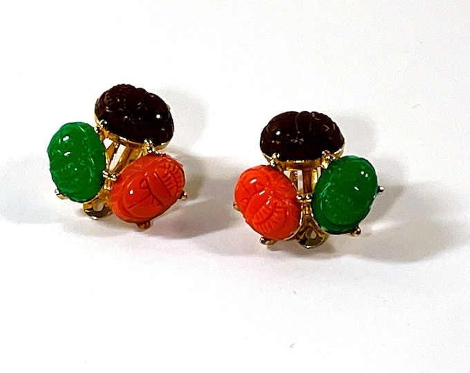 Vintage Tara® Egyptian Scarabs Earrings, Gold Clad (Plated), Clip On, Six 14X10mm Different Color Scarabs, Refinished. Good As Mint.