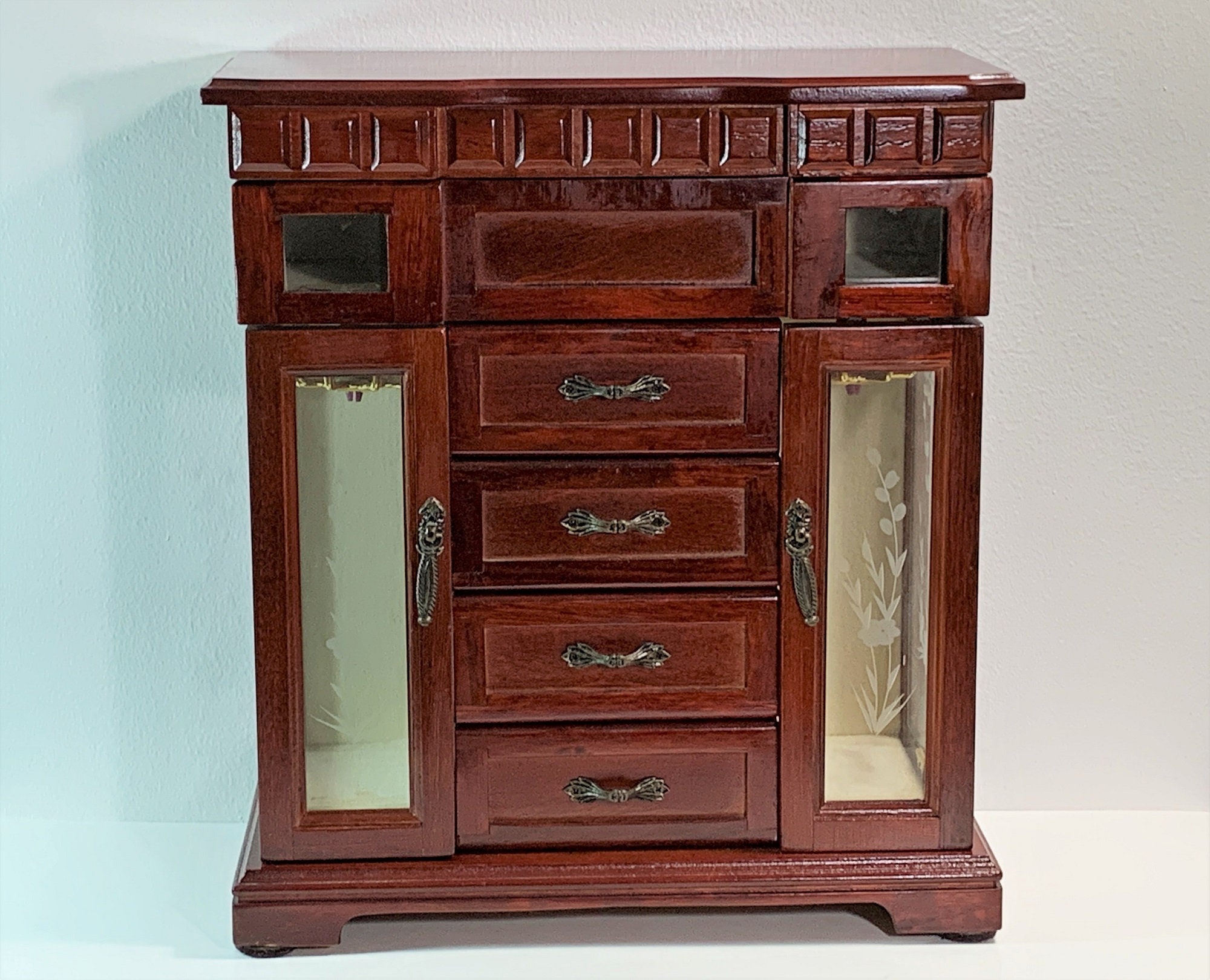 Vintage Large Wood Jewelry Armoire, Hinged Top, Large Mirror, 2 Side