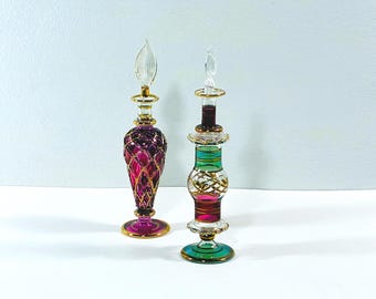Vintage Set of Two Egyptian Hand Made - Blown Glass Perfume Bottles, Etched Patterns, Gold Leaf Accents, 6" T. Free US Shipping.