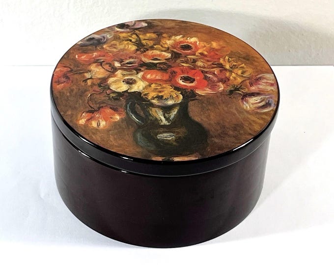 Vintage Sankyo® Music Box "Waltz of the Flowers" Carved Solid Wood, Floral Varnished Lacquered Piano Finish, 4.25" Round. Free US Shipping