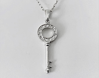 Sterling Silver .925 Key Necklace, 1 3/8" Key Pendant Accented with 12 Faceted Clear CZ, 18" Long Link Chain. Free US Shipping.