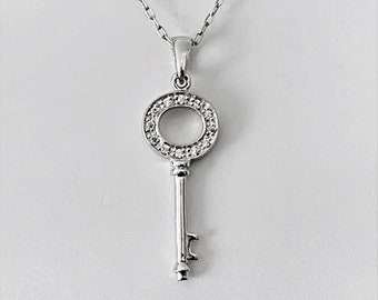 Sterling Silver .925 Key Necklace, 1 3/8" Key Pendant Accented with 12 Faceted Clear CZ, 18" Long Link Chain. Free US Shipping.