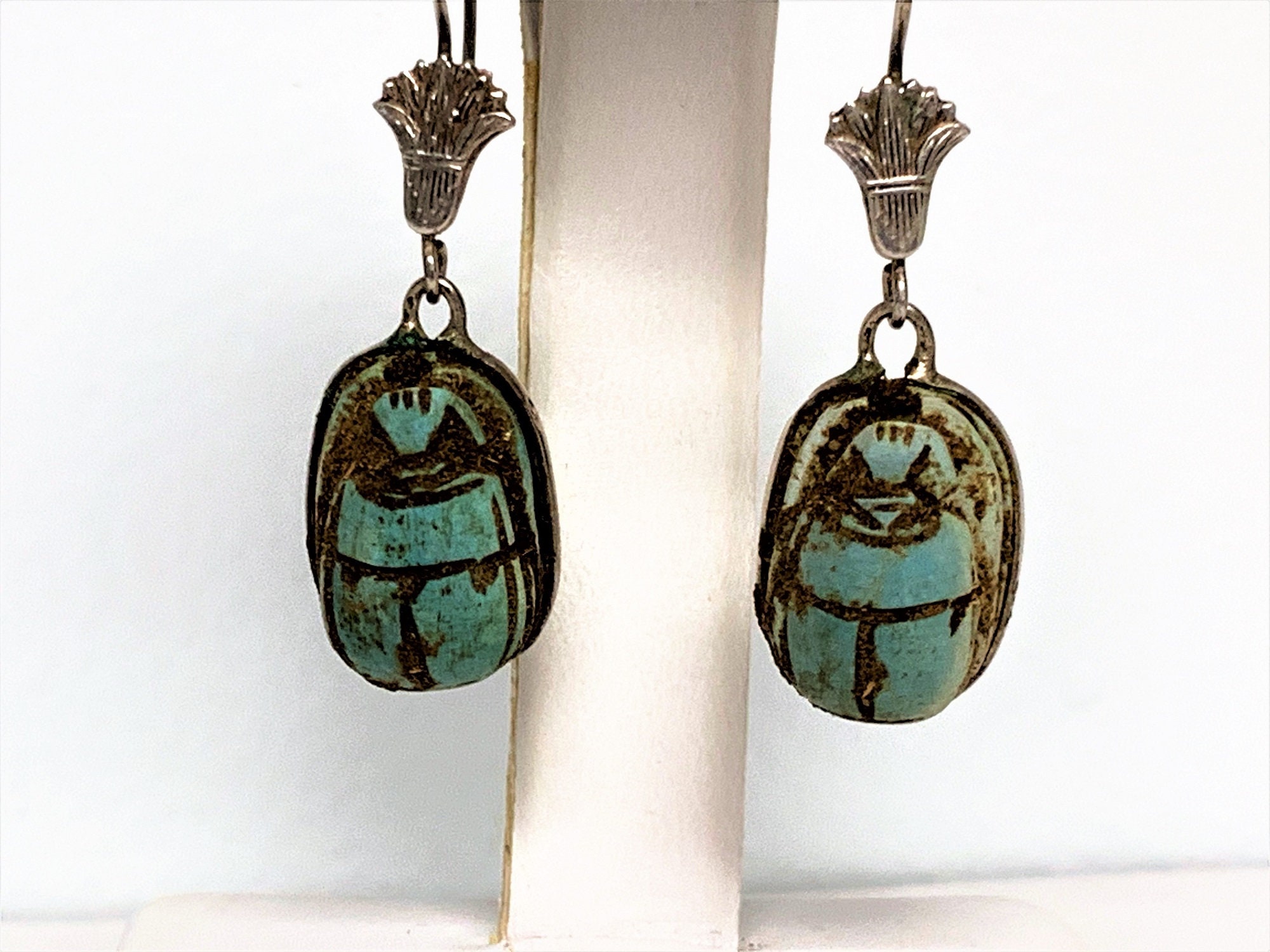 Vintage Ancient Egyptian Faience Scarabs Dangle Earrings, Hand Made